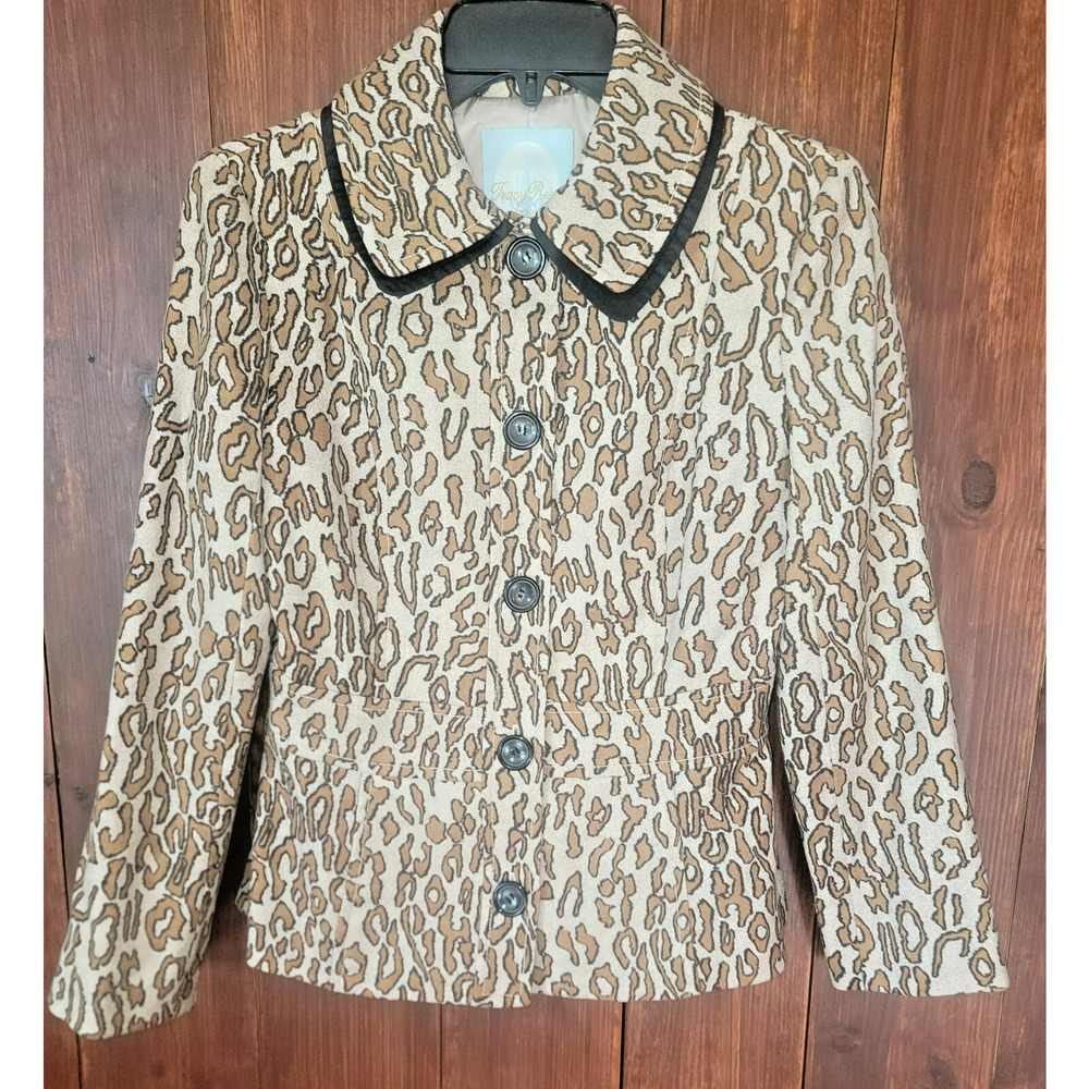 Tracy Reese Women Size 6 Wool Leopard Blazer Jacket Brown Cream Silk Lining Luxe